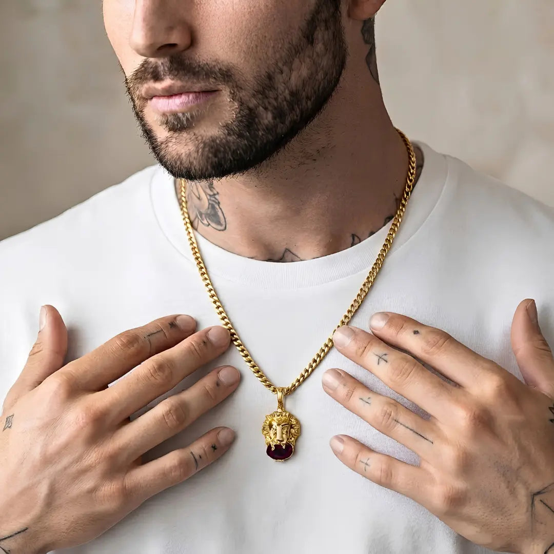 18K Gold Filled Lion Head Necklace – Tarnish-Proof Cuban Link Chain with Ruby & Zirconia Pendant Options